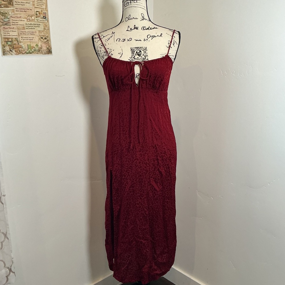 Motel Leopard Print Satin Midi Dress Burgundy Tie Front Slit Small Sexy Party